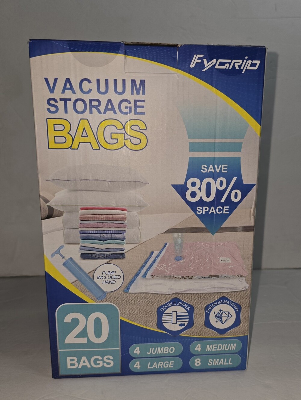 7 Fygrip Vacuum Storage Bags with Hand Pump, Plastic Packaging Bags Partial Box